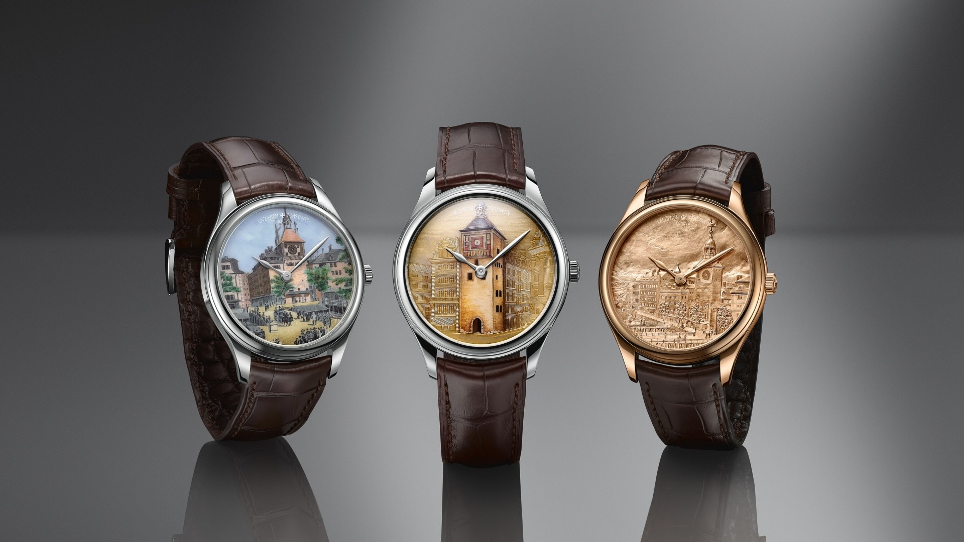Three luxury watches with artistic dial and brown leather straps.