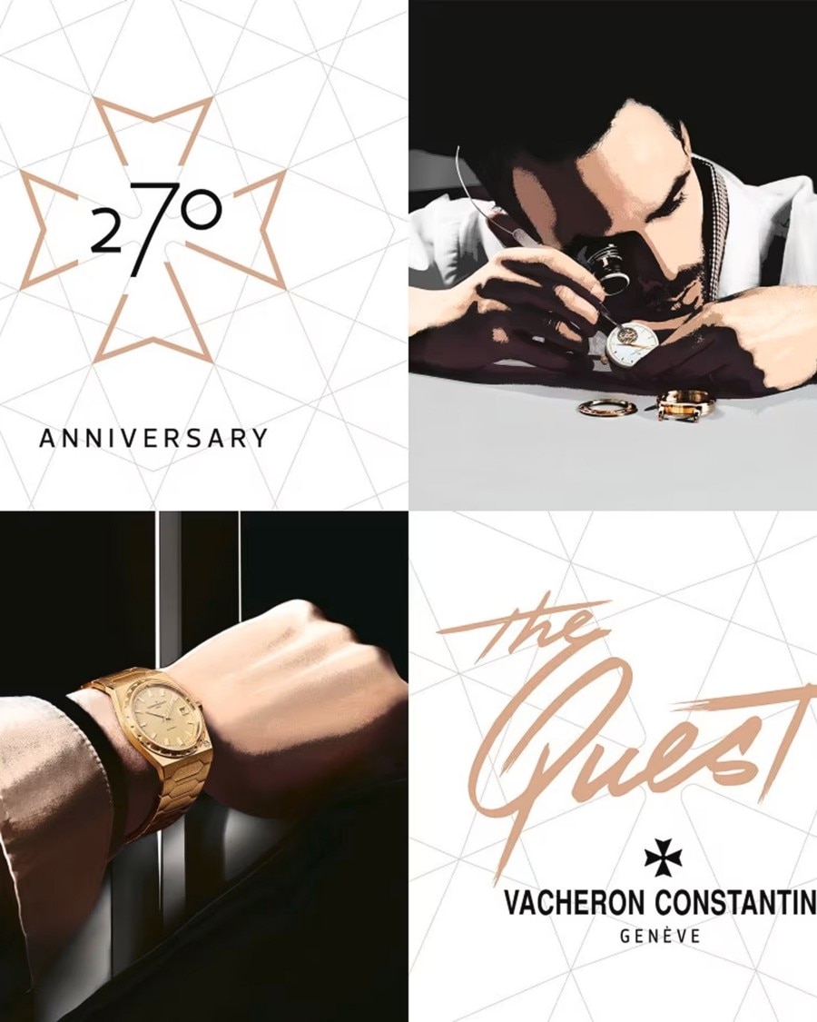 Image with four sections: '270 ANNIVERSARY' symbol, person examining a watch, wrist with a gold watch, and 'VACHERON CONSTANTIN GENEVE' text.