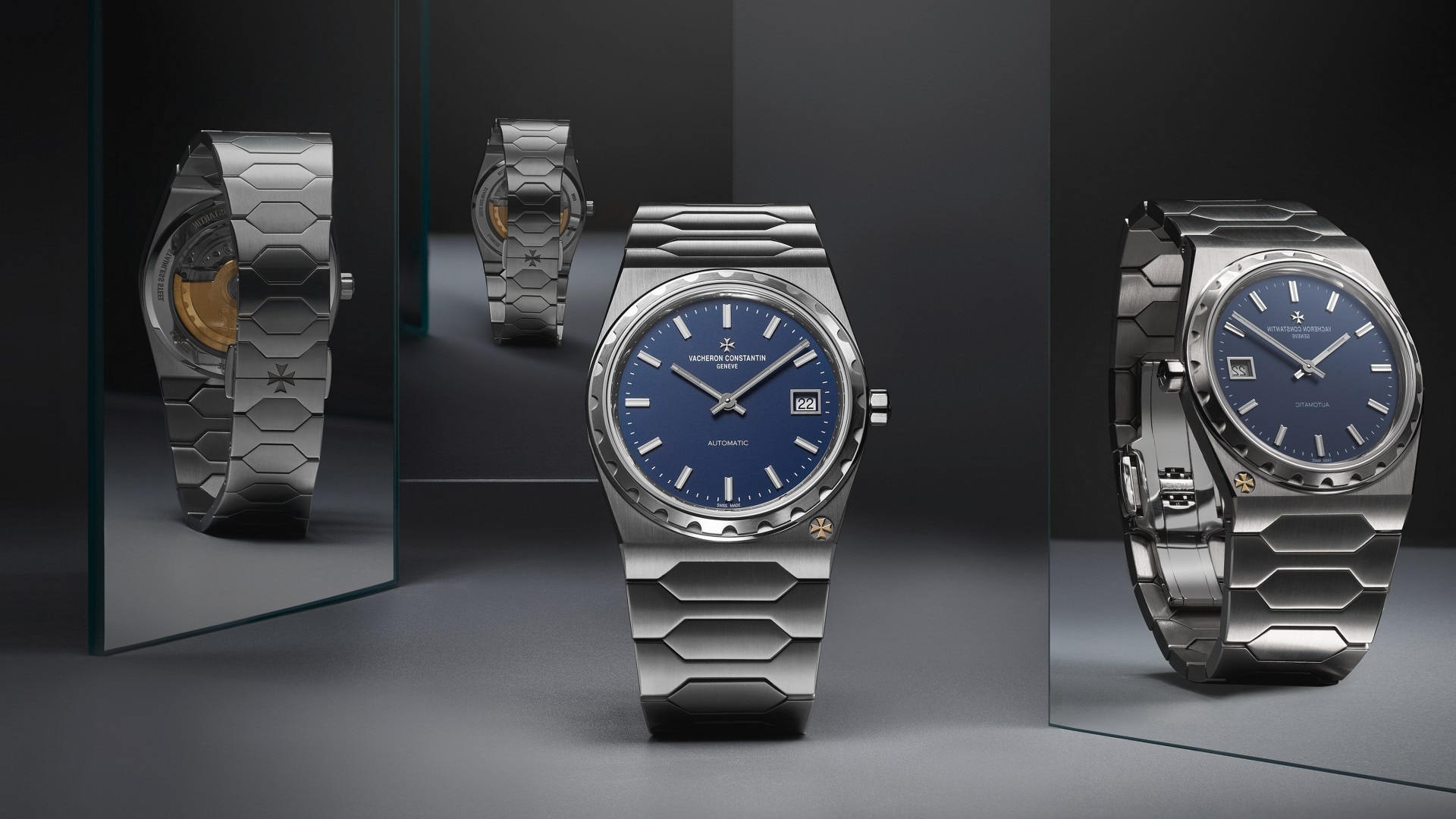 Vacheron Constantin watch with a blue dial, date window and steel bracelet.