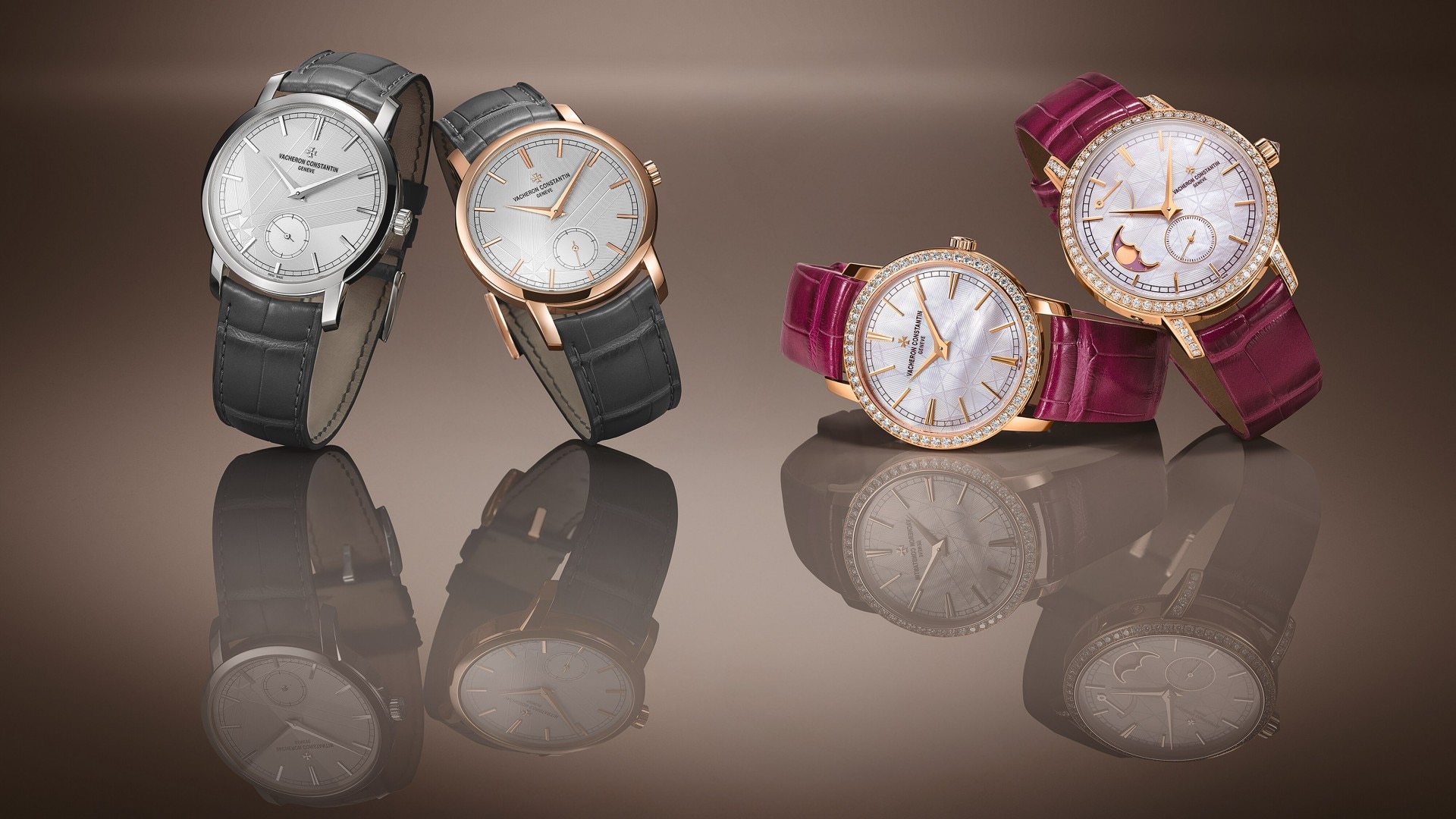 Silver and gold watches with white dials and green leather straps, displayed on a reflective surface.