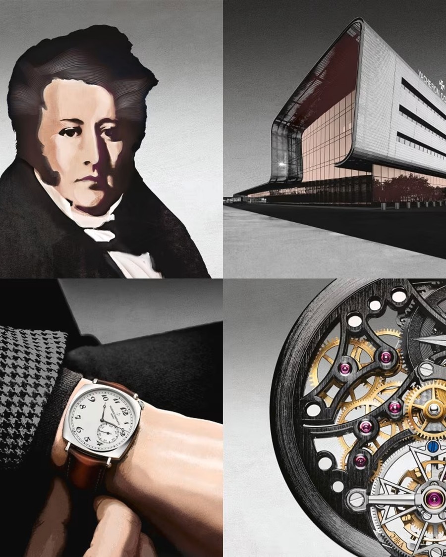 Collage with a blurred person in business attire, a modern building, a wristwatch close-up, and watch gears.